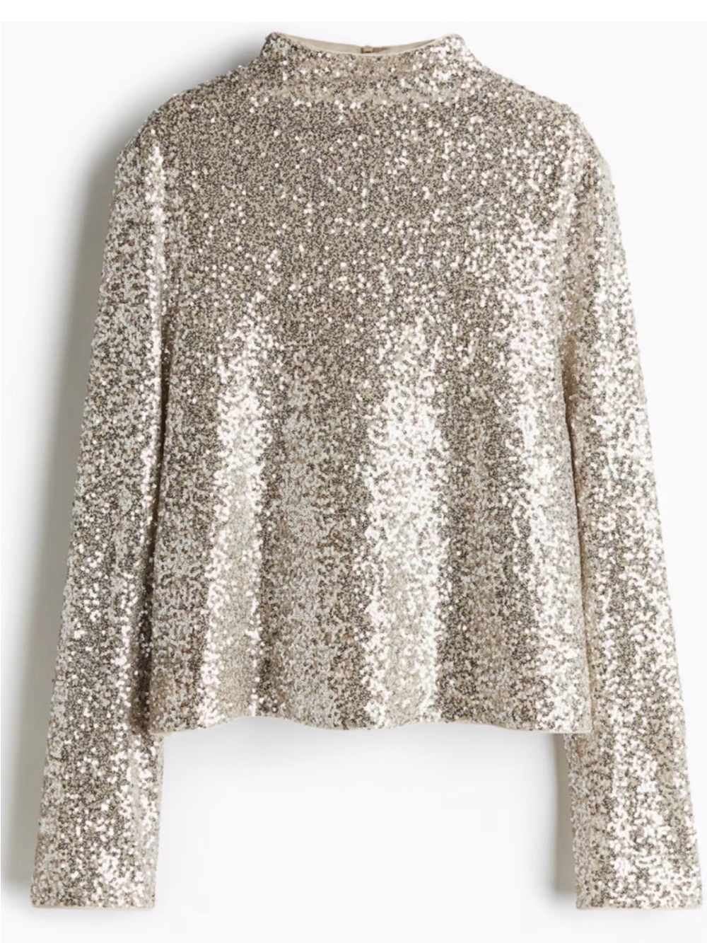 Sequin Mock Neck Long Sleeve Top in Silver